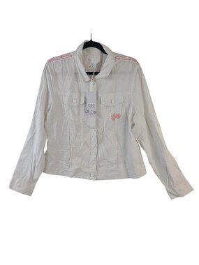 NEW C&C California White Linen Blend Embroidered Jacket With Front Pockets Sz L